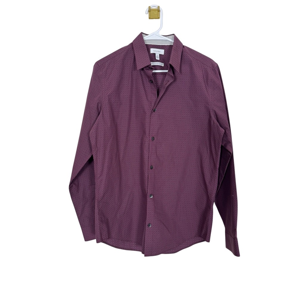 Calvin Klein Mens Burgundy Geometric Print Infinite Cool Non Iron Dress Shirt S - Picture 2 of 7